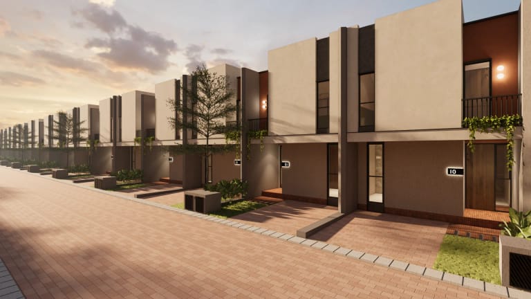 Deretan fasad rumah Mula Sudimara — eksterior cluster modern minimalis Sudimara Tangerang Selatan