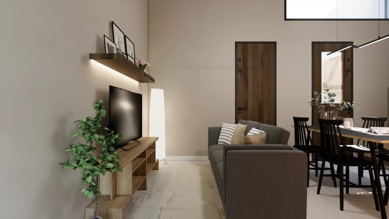 Ruang tamu Mula Sudimara — living room dengan TV unit kayu dan area makan modern minimalis