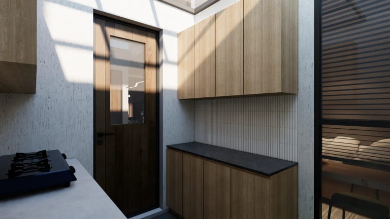 Kamar tidur anak Mula Sudimara — single bedroom dengan top table built-in dan rak kayu