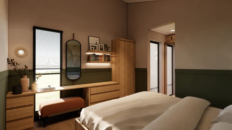 Kamar tidur kedua Mula Sudimara — single bedroom dengan wallpaper motif alam dan meja rias
