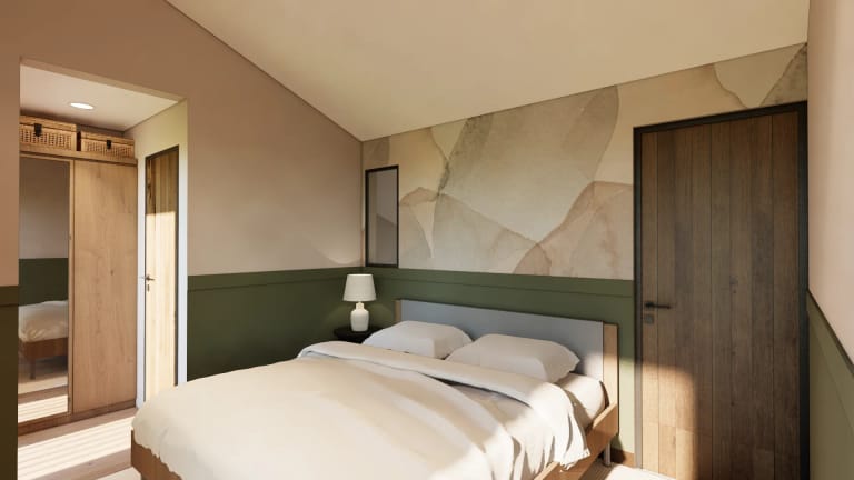 Kamar utama Mula Sudimara — master bedroom double bed dengan dresser kayu dan wallpaper abstrak