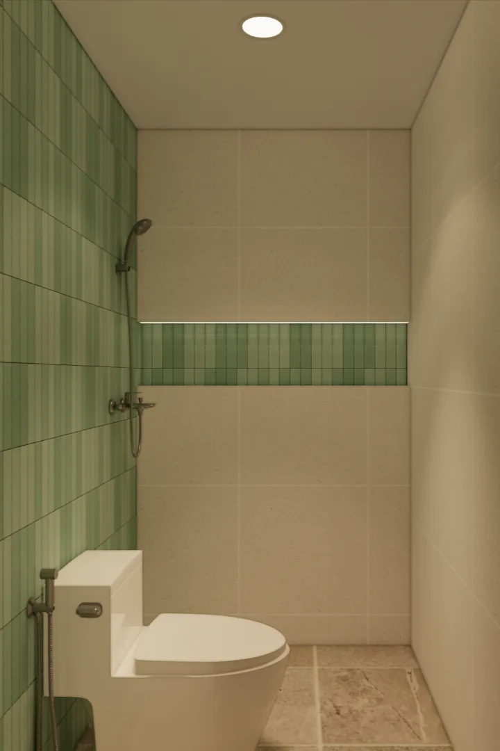 Kamar mandi kedua Mula Sudimara — bathroom shower tile hijau sage modern minimalis